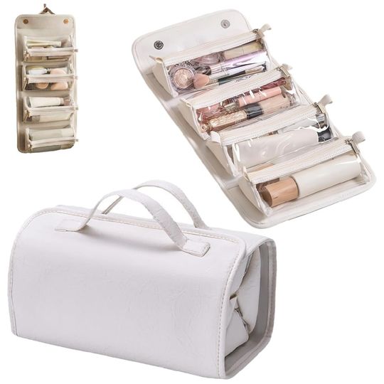 Travel Toiletry Bag 4 Detachable Compartments Hanging Makeup Bag PU Large Capacity Roll Up Cosmetic Bag for Travel