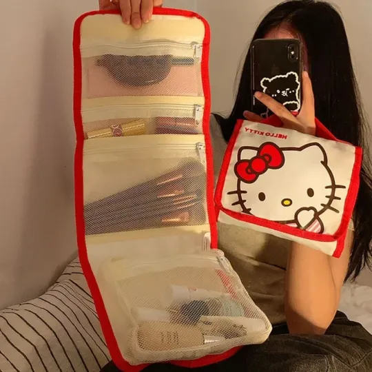 Hello Kitty Kuromi Large Capacity Folding Cartoon Makeup Bag Travel Multi-Functional Portable Cosmetics Brush Storage Bag