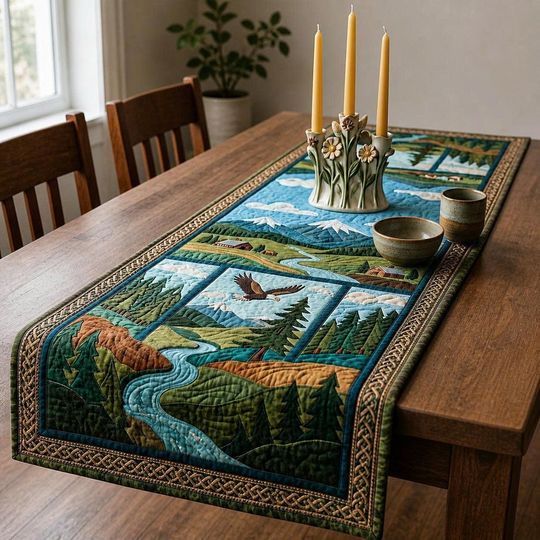 Rustic Mountain Landscape Quilted Table Runner, Nature Forest River Cabin Decor, Farmhouse Dining Table Cover, Lodge Style Home Gift