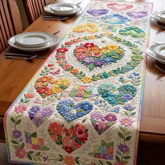 Floral Heart Table Runner Print, Colorful Quilted Style Farmhouse Table Decor, Spring Flower Dining Table Cover, Cottagecore Kitchen Runner