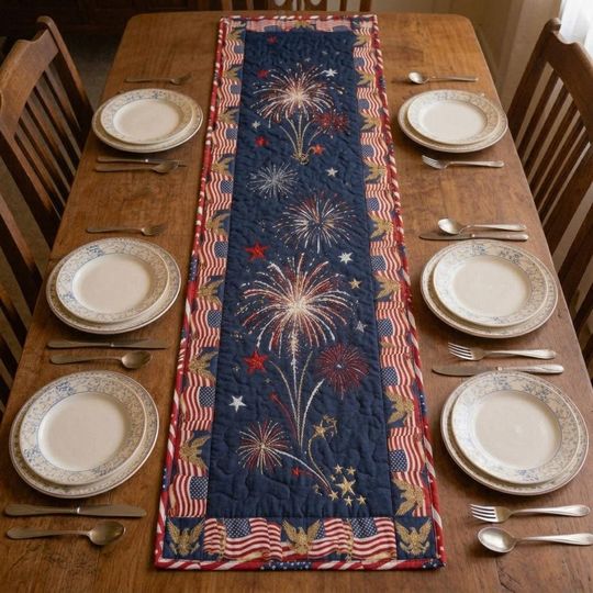 Patriotic Quilted Table Runner, 4th of July Fireworks Table Decor, Americana Flag & Eagle Centerpiece, Independence Day Table Linens