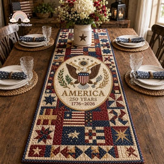 America 250 Years Table Runner 1776-2026, Patriotic Quilted Table Runner, America 250 Years Celebration Decor, 4th of July Table Decor