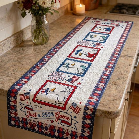 Patriotic Goose Quilted Table Runner, 4th of July USA Decor, Cottagecore Centerpiece
