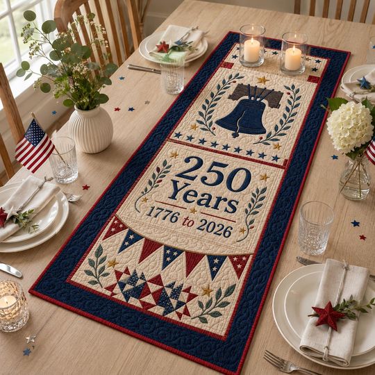 Liberty Bell 1776 Quilted Table Runner, 250 Years USA Semiquincentennial Decor, Patriotic Fourth of July Quilting, America 2026 Tabletop