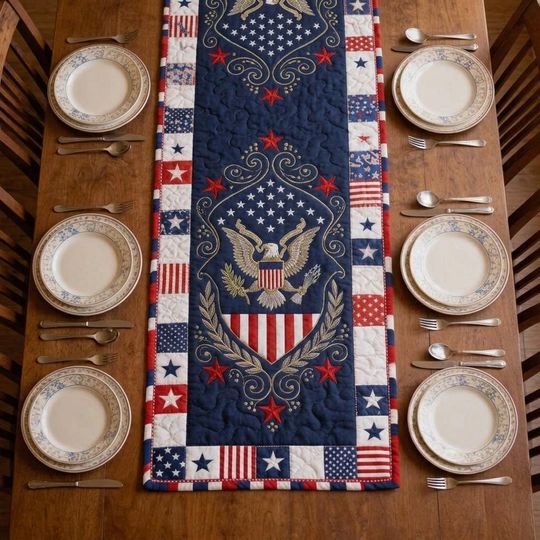 American Eagle Crest Quilted Table Runner, Patriotic Patchwork Decor