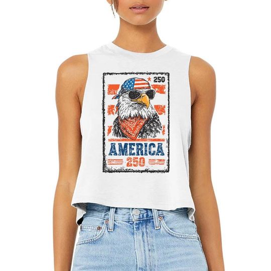 America 250 Eagle - Crop Racerback Tank, Retro American Flag Shirt, USA Flag Shirt, 4th of July Shirt, Proud Patriotic American Shirt