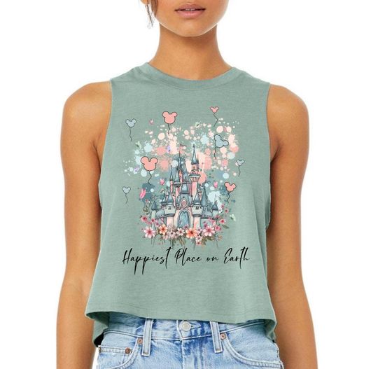 Happiest Place on Earth Balloons - Racerback Crop Top Tank, Parks World Shirt, Castle Shirt, Magic KingdomVacay tee