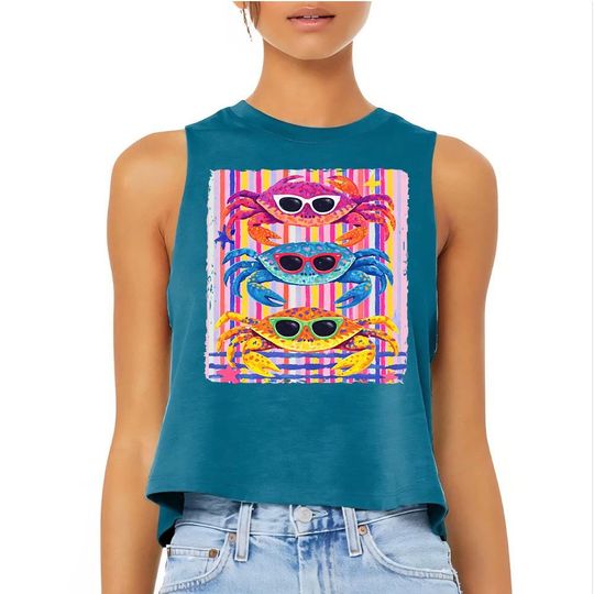 Colorful Crabs - Crop Racerback Tank, Coastal Summer Vacation Shirt, Preppy Seaside Beach Tee, Cute Maximalist Bech Tee, Brunch shirt