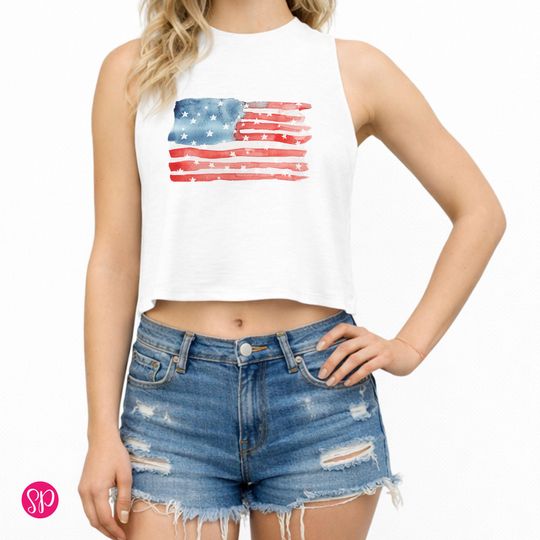 Summer American Flag Racerback Cropped Tank: Watercolor 4th of July Tanks for Women