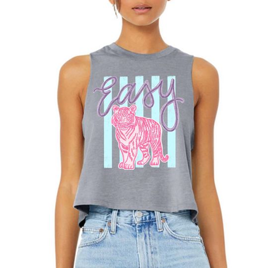 Easy Striped Tiger - Crop Racerback Tank, Everyday Sumer Shirt, Summer Vacay Travel Shirt, Boho Beach Day Shirt, Trendy Retro Cool Tee