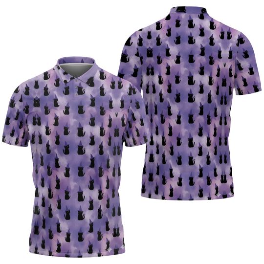 Women's Witch Cat Halloween Polo Shirt Purple Moisture-Wicking Short Sleeve Golf Top