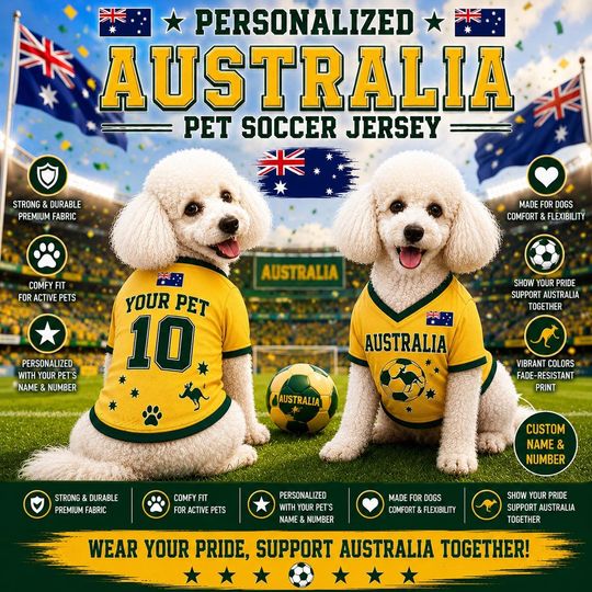 Personalized Brasil Pet Australia Jersey, Soccer Outfit for Dogs Cats, Australia Football Shirt