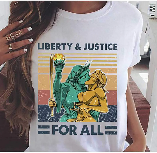 LGBT Liberty and Justice for All, Liberty Statue Kisses Justice God, Rainbow Gay Queer Bi Bisexual Trans Transgender, LGBT Pride Month, Pride Tshirt, Pride Party Shirt, Best LGBT Gifts