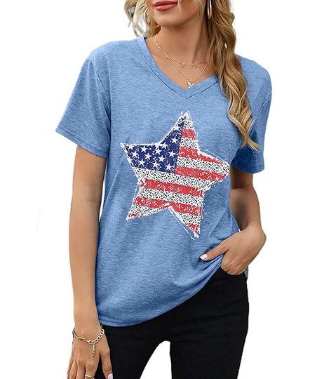 American Flag Stars T-Shirt Women 4th of July Patriotic V Neck Casual Short Sleeve Independence Day Tee Top (Blue)