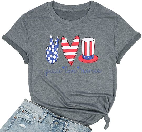 Discover Women Peace Love America T Shirt Funny American Heart Graphic Tee Shirt Fourth July Independence Day Tee Top