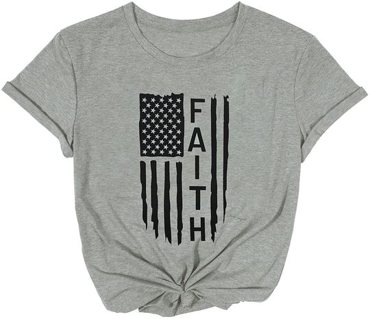 Discover Women Faith America Flag Tee Shirt Stars Stripes Graphic T Shirt Patriotic Independence Day Tee Top
