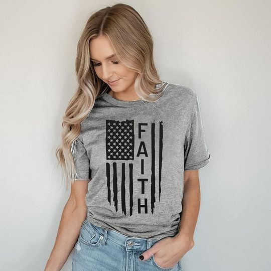 Women Faith America Flag Tee Shirt Stars Stripes Graphic T Shirt Patriotic Independence Day Tee Top