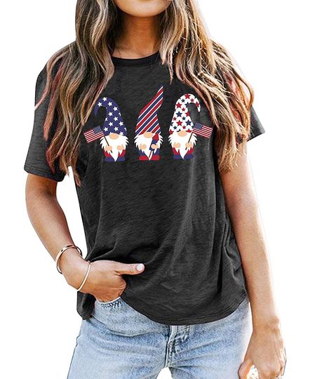 Discover American Flag T Shirt Women Gnomes Patriotic Shirt USA Flag Print Graphic T-Shirt 4th of July Tee Tops