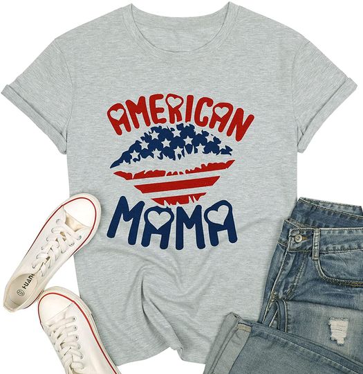 Discover America Mama Shirt for Women American Flag Lip Print T-Shirt Independence Day Short Sleeve Tee Top