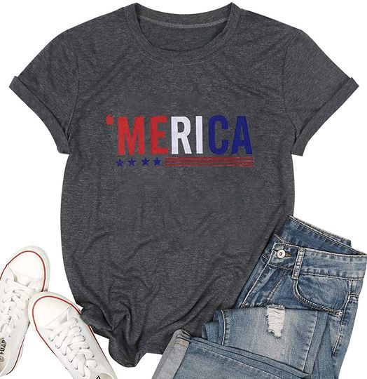 Discover Funny Cute American Flag Tee Shirts for Women Short Sleeve USA American Flag Print Graphic Tee Shirts Tops