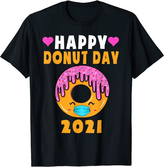 Happy Donut Day 2021 National Donut Wearing Mask Kids Girls T-Shirt