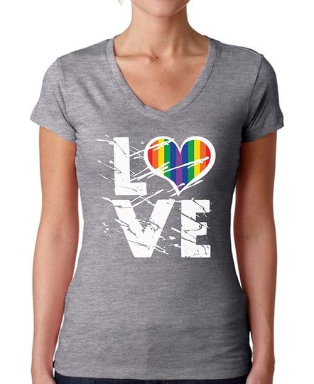 Women's Love V-Neck T Shirts for Women Love Rainbow Heart V-Neck T Shirts for Women LGBTQ Pride