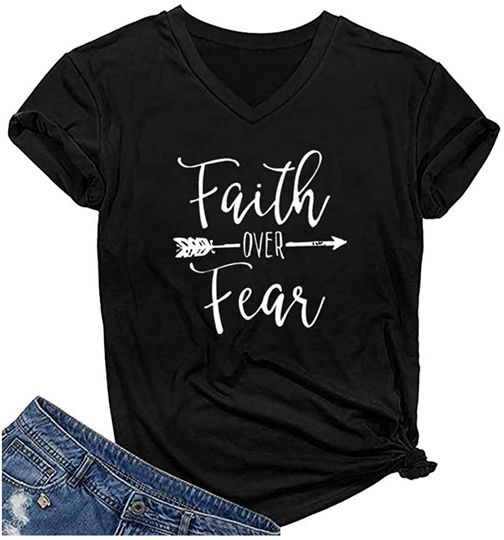 Womens Faith Over Fear V Neck T Shirt Summer Casual Christian Inspirational Graphic Tees Tops