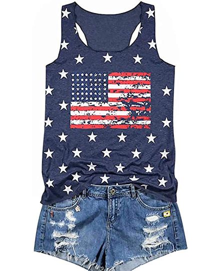 USA Flag Print Tank Top Women American Stars Stripes Patriotic T Shirt Summer Casual Vest Tees