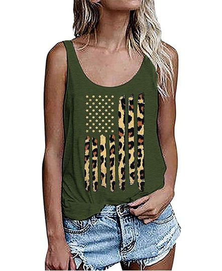 Womens Leopard American Flag Star Tank Top Cute July 4th Independence Day Sunflower Graphic Tees T-Shirts