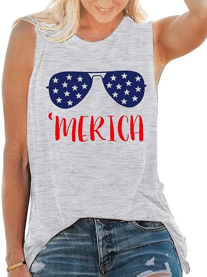 Discover American Flag Tank Top Women Sunglass Graphic Tees Shirts Casual Sleeveless 4th of July Shirt Tops