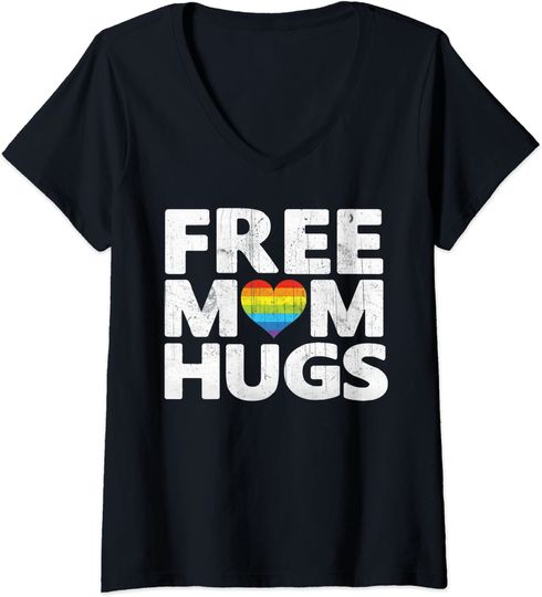 Womens Free Mom Hugs, Free Mom Hugs Rainbow Gay Pride V-Neck T-Shirt