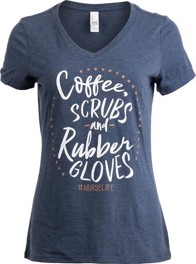 Coffee, Scrubs, Rubber Gloves | Funny Doctor Nurse Cute V-Neck T-Shirt for Women