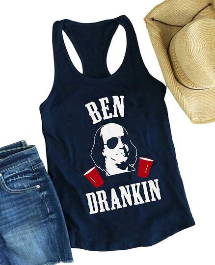 Ben Drankin Tank Top for Women 4th of July Patriotic Vest Shirts Funny Drinking Summer Graphic Casual T Shirt