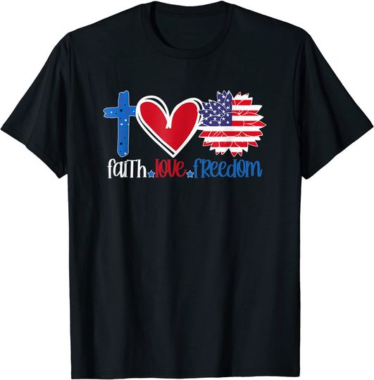 Faith Love Freedom T-Shirt American Flag Flower Christian T-Shirt