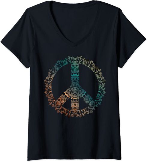 Womens Neutral Boho Yoga Ornate Mandala Peace Sign Hippie V-Neck T-Shirt