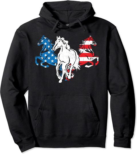 Horses Equestrian American Flag 4th July Patriotic Pullover Hoodie