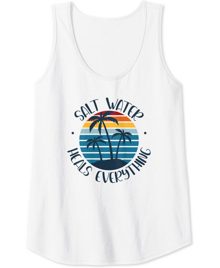Womens SALT WATER HEALS EVERYTHING Retro Vintage Sunset Beach Vibe Tank Top