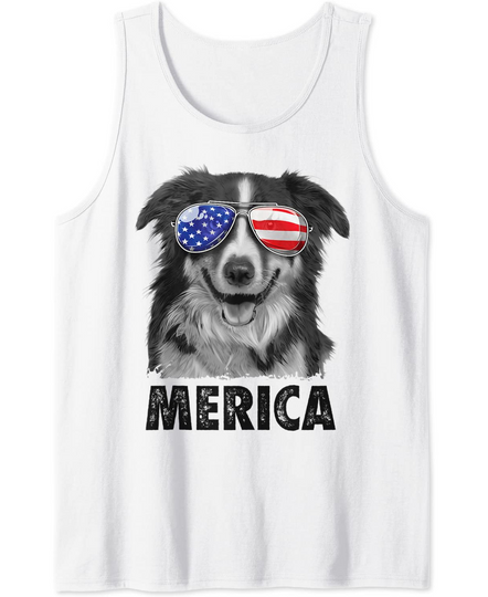 Border Collie 4th of July Merica American Flag Sunglasses Tank Top