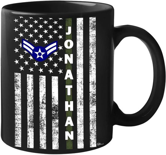 Personalized Name Badge Number Police Officer Thin Blue Line Lives Matter Back Law Enforcement American Flag First Responder Black Ceramic Coffee Tea Mug 11 - 15 oz Cup