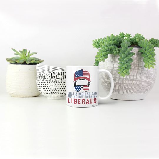 DesDirect Store Funny Republican Dad Just A Regular Dad Trying Not To Raise Liberals Father's Day American Flag - Coffee Mug Tea Cup White 15oz Ceramic