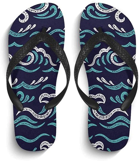 INTERESTPRINT Non-Slip Flip Flop Slippers Sea Waves Pattern Cute Black Straps Slim Thong Sandal for Men
