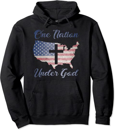 ONE NATION UNDER GOD Christian Cross American Flag USA Map Pullover Hoodie