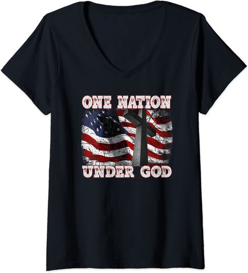 Womens One Nation Under God Patriotic Christian Cross American Flag V-Neck T-Shirt
