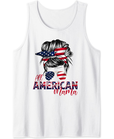 All American Mama Messy Bun Hair Style American Flag Tank Top