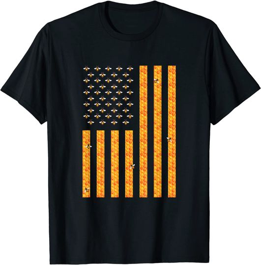 American Flag Honeycomb Honey Bees Beekeeping Beekeeper Gift T-Shirt