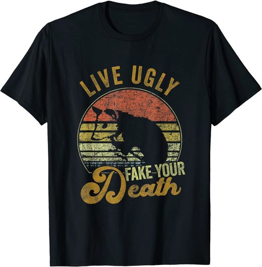 Live Ugly Fake Your Death Opossum Funny Vintage Retro 70s T-Shirt
