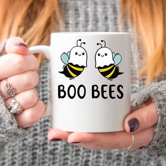 Boo Bees Mug, Horror Halloween Mug, Cute Ghost Mug, Graphic Mugs White 11Oz