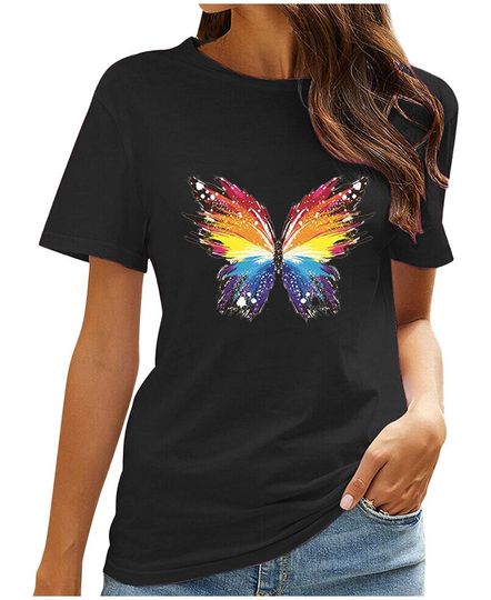 Butterfly Print Graphic Tee Tops Summer Women Short Sleeve Shirts