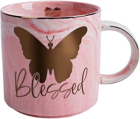 Butterfly Gifts Blessed Christian Coffee Mug for Women - Butterflies Bible Verse Religious Inspirational Art Prayer Cups Gift - Butterflys Mugs Cute Pink Gold Marble Mug, 11oz