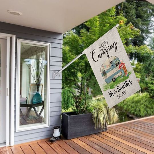 Discover Personalized Happy Camping House Flag Custom Family Name